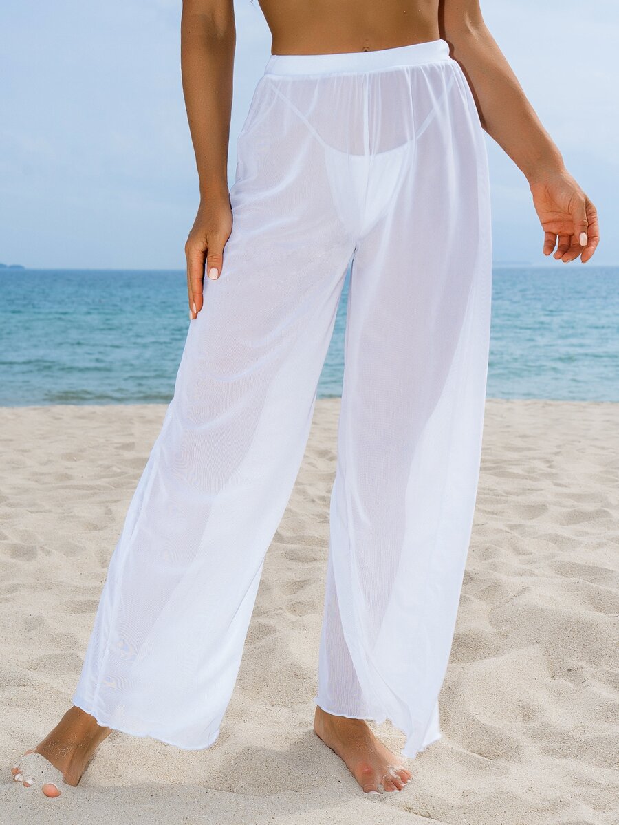 SHEIN Swim سروال شفاف طويل بسيط للنساء لتغطية الشاطئ في الصيف، مناسب لقضاء عطلة على الشاطئ - أبيض - مشاهدة 1