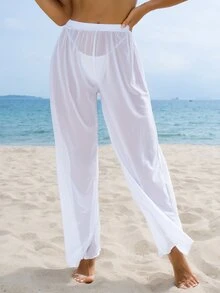 SHEIN Swim سروال شفاف طويل بسيط للنساء لتغطية الشاطئ في الصيف، مناسب لقضاء عطلة على الشاطئ - أبيض - مشاهدة 3