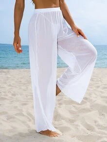 SHEIN Swim سروال شفاف طويل بسيط للنساء لتغطية الشاطئ في الصيف، مناسب لقضاء عطلة على الشاطئ - أبيض - مشاهدة 4