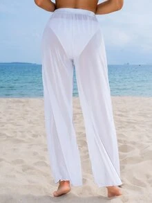 SHEIN Swim سروال شفاف طويل بسيط للنساء لتغطية الشاطئ في الصيف، مناسب لقضاء عطلة على الشاطئ - أبيض - مشاهدة 2