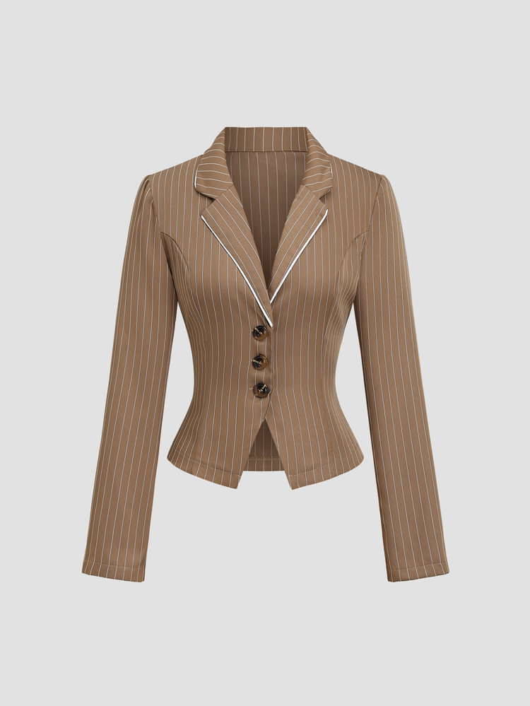 Sweetra Women's Elegant Casual Business Professional Button-Up Waist-Cinching Brown Striped Blazer Office Business Summer - Khaki - View 3