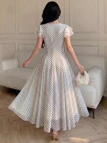 Modelyn Women's Designer Square Neck Split Triangle Mid-Length Dress Tea Party Garden White And Black Polka Dot Elegant - White - View 3