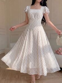 Modelyn Women's Designer Square Neck Split Triangle Mid-Length Dress Tea Party Garden White And Black Polka Dot Elegant - White - View 6