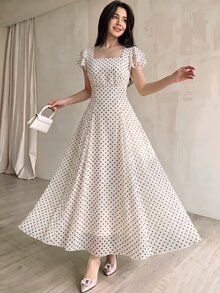 Modelyn Women's Designer Square Neck Split Triangle Mid-Length Dress Tea Party Garden White And Black Polka Dot Elegant - White - View 2