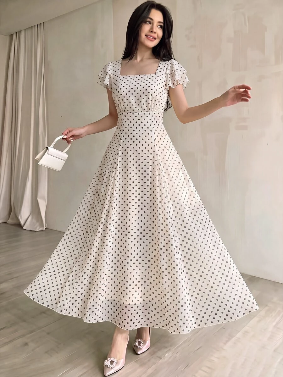 Modelyn Women's Designer Square Neck Split Triangle Mid-Length Dress Tea Party Garden White And Black Polka Dot Elegant