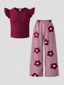 SHEIN Set 2pcs untuk Anak Perempuan Remaja: Atasan Rajut Merah Berkerah Bulat Lengan Pendek dan Celana Panjang Lurus Motif Bunga Tenun - Burgundy - View 4