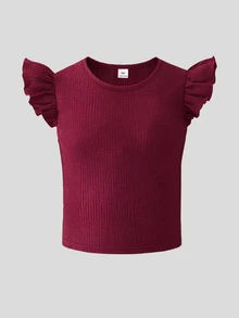 SHEIN Set 2pcs untuk Anak Perempuan Remaja: Atasan Rajut Merah Berkerah Bulat Lengan Pendek dan Celana Panjang Lurus Motif Bunga Tenun - Burgundy - View 5