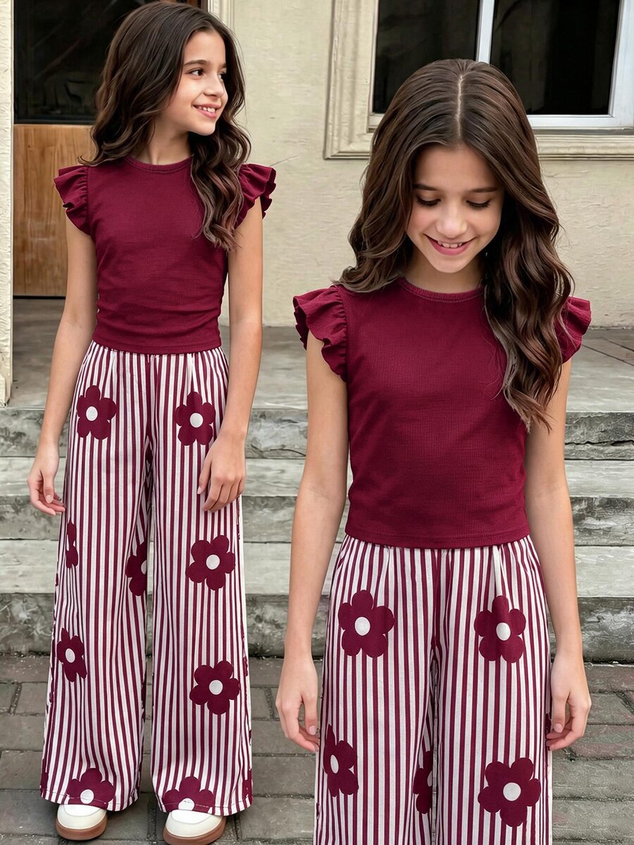 SHEIN Set 2pcs untuk Anak Perempuan Remaja: Atasan Rajut Merah Berkerah Bulat Lengan Pendek dan Celana Panjang Lurus Motif Bunga Tenun - Burgundy - View 1