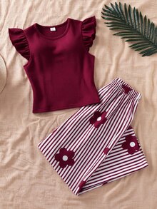 SHEIN Set 2pcs untuk Anak Perempuan Remaja: Atasan Rajut Merah Berkerah Bulat Lengan Pendek dan Celana Panjang Lurus Motif Bunga Tenun - Burgundy - View 3