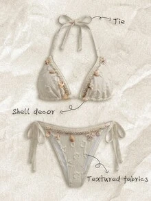 Elavelle Women's Spring/Summer Jacquard Fabric Halter Seashell Trim Bikini Set Beach Vacation White Tropical - Beige - View 1