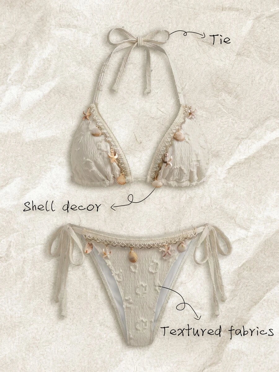 Elavelle Women's Spring/Summer Jacquard Fabric Halter Seashell Trim Bikini Set Beach Vacation White Tropical - Beige - View 1