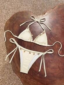 Elavelle Women's Spring/Summer Jacquard Fabric Halter Seashell Trim Bikini Set Beach Vacation White Tropical - Beige - View 2