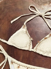 Elavelle Women's Spring/Summer Jacquard Fabric Halter Seashell Trim Bikini Set Beach Vacation White Tropical - Beige - View 4