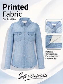 SHEIN Holidaya [Denim Effect] 女款休閒針織牛仔效果印花T恤，襯衫風針織上衣，秋季休閒外穿 - 藍色 - 查看 5