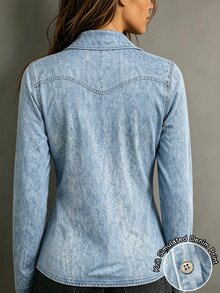 SHEIN Holidaya [Denim Effect] 女款休閒針織牛仔效果印花T恤，襯衫風針織上衣，秋季休閒外穿 - 藍色 - 查看 3