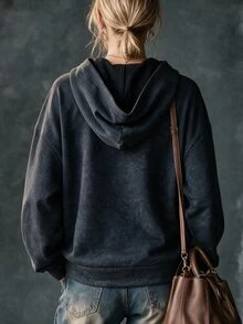 SHEIN Autumn/Winter Charcoal Gray Distressed Snow Wash New Chinese Style Frog Button Hooded Sweatshirt For Women Loose Fit Casual 70s Retro Everyday Travel - Black - View 8