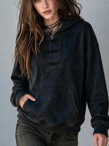 SHEIN Autumn/Winter Charcoal Gray Distressed Snow Wash New Chinese Style Frog Button Hooded Sweatshirt For Women Loose Fit Casual 70s Retro Everyday Travel - Black - View 6