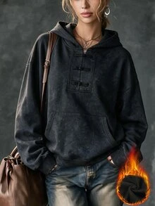 SHEIN Autumn/Winter Charcoal Gray Distressed Snow Wash New Chinese Style Frog Button Hooded Sweatshirt For Women Loose Fit Casual 70s Retro Everyday Travel - Black - View 2