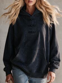 SHEIN Autumn/Winter Charcoal Gray Distressed Snow Wash New Chinese Style Frog Button Hooded Sweatshirt For Women Loose Fit Casual 70s Retro Everyday Travel - Black - View 3