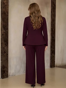 Roveilla Plus Size Women's Mahogany Color Elegant Commute Ribbon Lapel Pocket Single-Breasted Blazer & Trousers Set - Redwood - View 2
