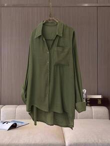 SHEIN LUNE Plus Size Casual Collared Blouse, Minimalist, Versatile, Fashionable, Breathable & Comfortable Blouse Women Shirt Fall Cloth For Women - Green - View 4