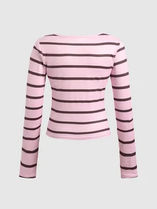 SHEIN Tween少女女孩青少年蕾絲拼接U領2合1半開袖長袖粉色條紋T恤休閒百搭運動風 - 淺粉色 - 查看 4