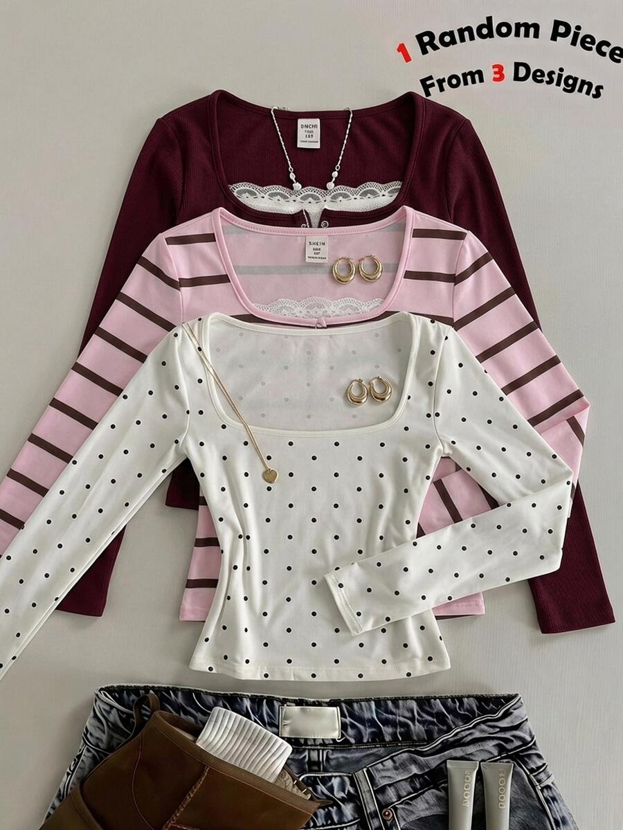 SHEIN Tween Girl 女孩青少年蕾絲拼接U領2合1半開袖長袖粉色條紋T恤休閒百搭運動風 - 淺粉色 - 查看 1