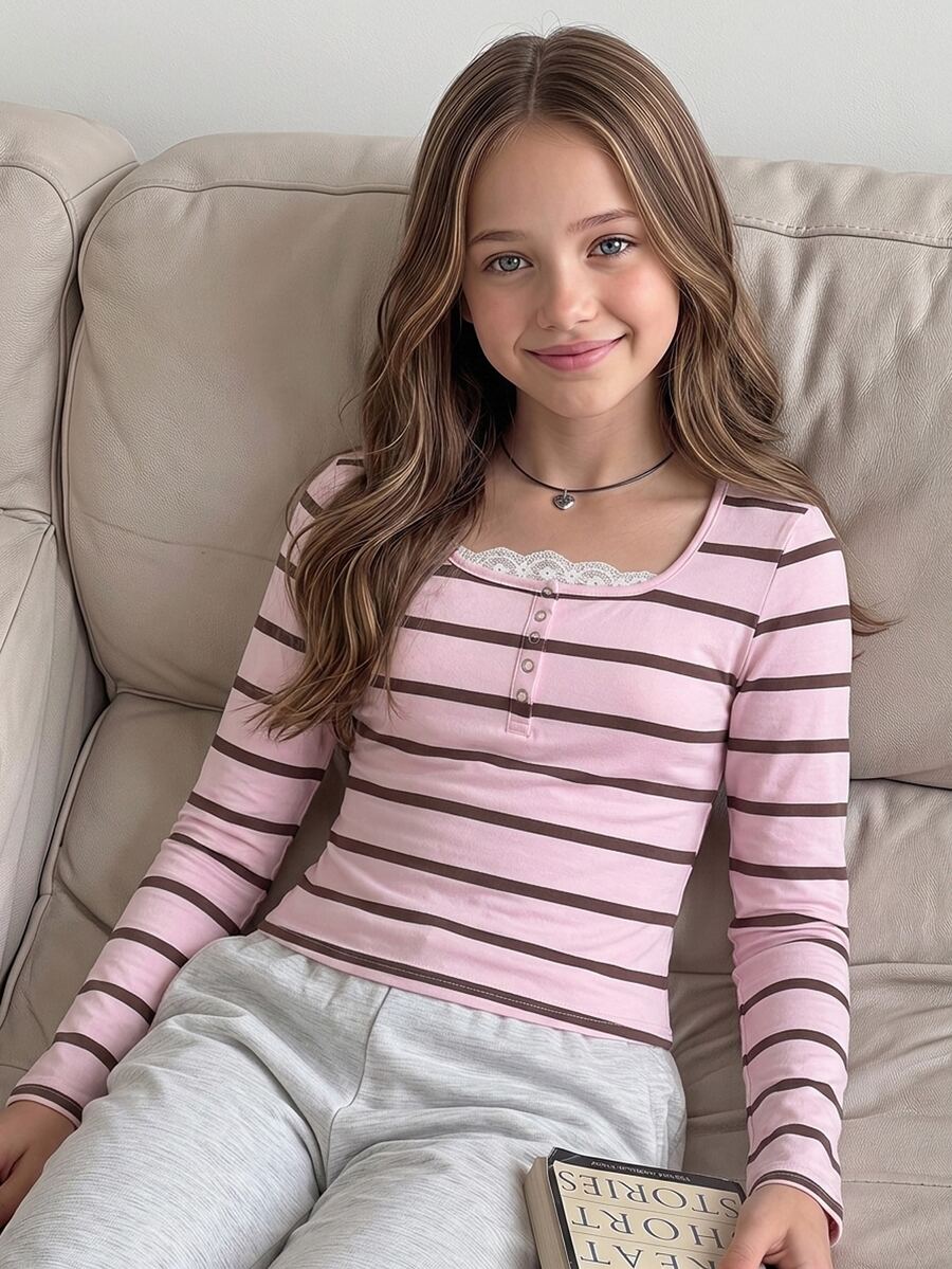 SHEIN Tween Girl Tween Girl Girls Teen Lace Patchwork U-Neck 2 In 1 Half-Open Sleeve Long Sleeve Pink Striped T-Shirt Casual Versatile Sports - Baby Pink - View 1