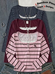 SHEIN Tween少女女孩青少年蕾絲拼接U領2合1半開袖長袖粉色條紋T恤休閒百搭運動風 - 淺粉色 - 查看 11