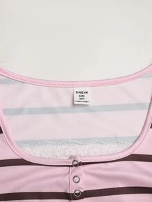 SHEIN Tween少女女孩青少年蕾絲拼接U領2合1半開袖長袖粉色條紋T恤休閒百搭運動風 - 淺粉色 - 查看 5