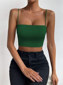 Chiquease Camiseta sin mangas corta y ajustada de color liso para mujer - Verde - Ver 4
