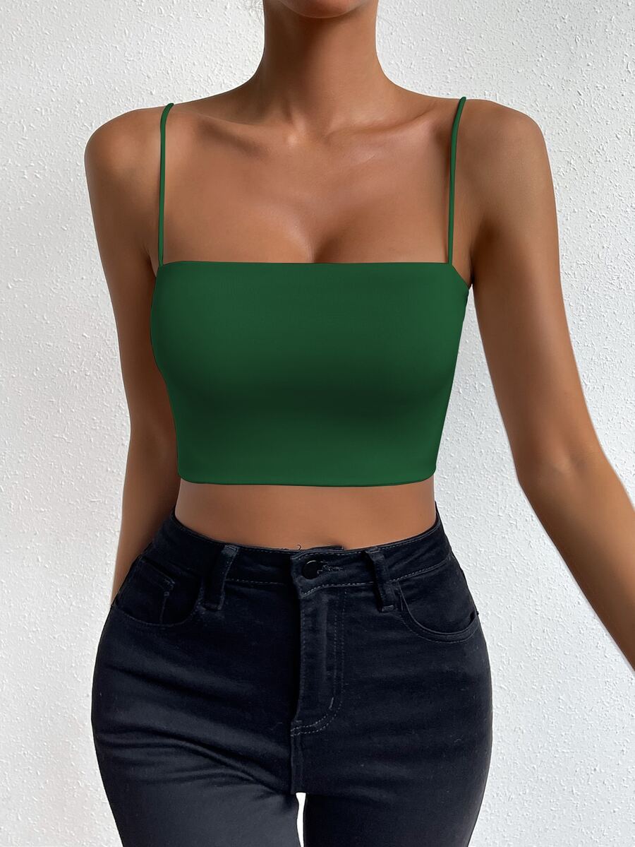 Chiquease Camiseta sin mangas corta y ajustada de color liso para mujer - Verde - Ver 1