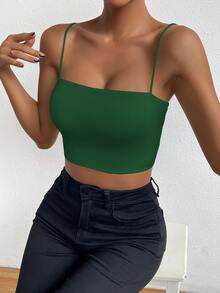 Chiquease Camiseta sin mangas corta y ajustada de color liso para mujer - Verde - Ver 8