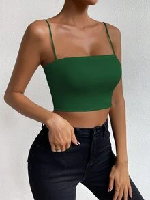 Chiquease Camiseta sin mangas corta y ajustada de color liso para mujer - Verde - Ver 7