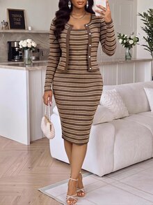 SHEIN Lady Women's Striped Bandeau Dress And Cardigan Knit Set - Khaki - View 1