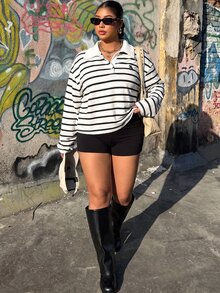 Muchica Plus Size Button Half-Placket Embroidered Striped Long Sleeve Sweatshirt Fall - Black and White - View 4