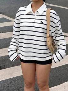 Muchica Plus Size Button Half-Placket Embroidered Striped Long Sleeve Sweatshirt Fall - Black and White - View 3