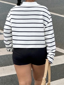 Muchica Plus Size Button Half-Placket Embroidered Striped Long Sleeve Sweatshirt Fall - Black and White - View 2