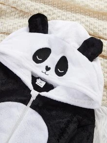 SHEIN 男童藍色與白色雙面法蘭絨拼色怪獸爪長袖連帽長版連身衣附手套 2 件組冬季居家服套裝 - 黑與白 - 查看 4