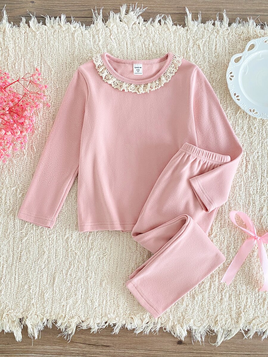 Girls' Long Sleeve Top And Pants Set With Ruffled Collar Design, Made Of Soft And Comfortable Fabric, Suitable For Children's Wear And Promoting Healthy Growth - Pink - View 1