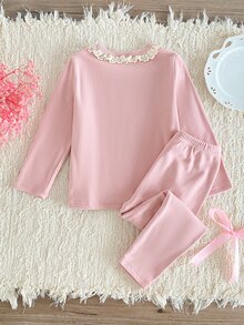 Girls' Long Sleeve Top And Pants Set With Ruffled Collar Design, Made Of Soft And Comfortable Fabric, Suitable For Children's Wear And Promoting Healthy Growth - Pink - View 2