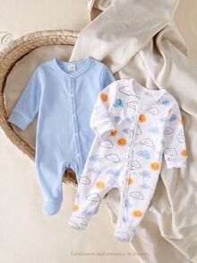 SHEIN [Random 7pcs, Send Newborn Baby Home Romper, Unisex Long Sleeve Snap Button Bodysuit, Dinosaur Elephant Car Cartoon Print, Soft Skin-Friendly For All - Multicolor - View 8