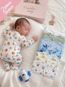 SHEIN [Random 7pcs, Send Newborn Baby Home Romper, Unisex Long Sleeve Snap Button Bodysuit, Dinosaur Elephant Car Cartoon Print, Soft Skin-Friendly For All - Multicolor - View 1