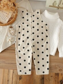 SHEIN Playful Pals 嬰兒女童中性 0-3 歲 幼兒秋季波點滿版印花杏色燈芯絨吊帶長褲 胸前口袋設計 休閒版型 - 杏色 - 查看 2