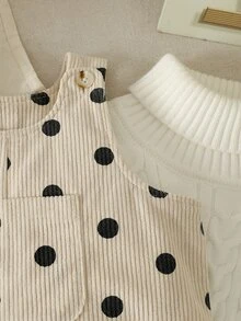 SHEIN Playful Pals 嬰兒女童中性 0-3 歲 幼兒秋季波點滿版印花杏色燈芯絨吊帶長褲 胸前口袋設計 休閒版型 - 杏色 - 查看 6