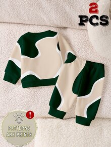 2pcs Set Baju Bayi Baru Lahir Minimalis Gaya Sporty Grafis Hijau Tua Beige Motif Huruf Blok Leher Bulat Lengan Panjang Longgar Hadiah Musim Dingin - MultiWarna - View 2