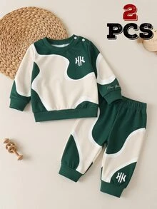 2pcs Set Baju Bayi Baru Lahir Minimalis Gaya Sporty Grafis Hijau Tua Beige Motif Huruf Blok Leher Bulat Lengan Panjang Longgar Hadiah Musim Dingin - MultiWarna - View 5