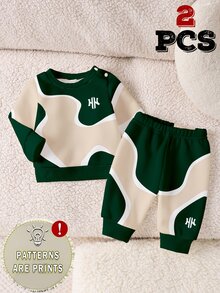 2pcs Set Baju Bayi Baru Lahir Minimalis Gaya Sporty Grafis Hijau Tua Beige Motif Huruf Blok Leher Bulat Lengan Panjang Longgar Hadiah Musim Dingin - MultiWarna - View 6