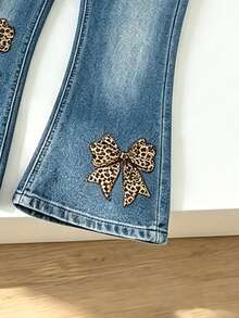 SHEIN Young Girl 2pcs Set Casual Baby Fashion Spring Summer Autumn Thermal Lined Crew Neck Sweatshirt Flare Pants Bow Leopard Print Elastic Soft Fabric - Multicolor - View 10