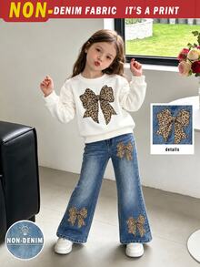 SHEIN Young Girl 2pcs Set Casual Baby Fashion Spring Summer Autumn Thermal Lined Crew Neck Sweatshirt Flare Pants Bow Leopard Print Elastic Soft Fabric - Multicolor - View 5